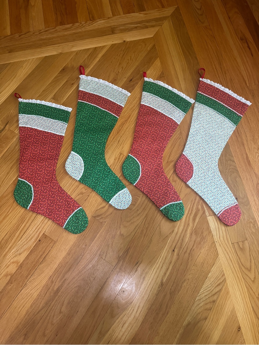 Set of 4 Handmade Quilted Christmas Stockings - Red, Green, White